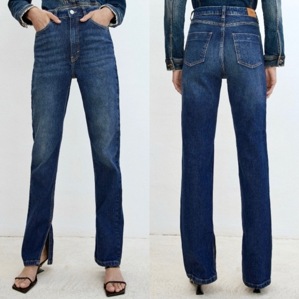 NWT ZARA High Rise Slim Flare Jeans Size 4 Split Hem Dark Wash 33.5” Inseam